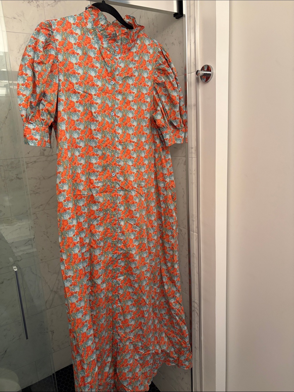 Tuckenuck Hyacinth House Floral Puff-Sleeve Maxi Dress in Orange & Blue